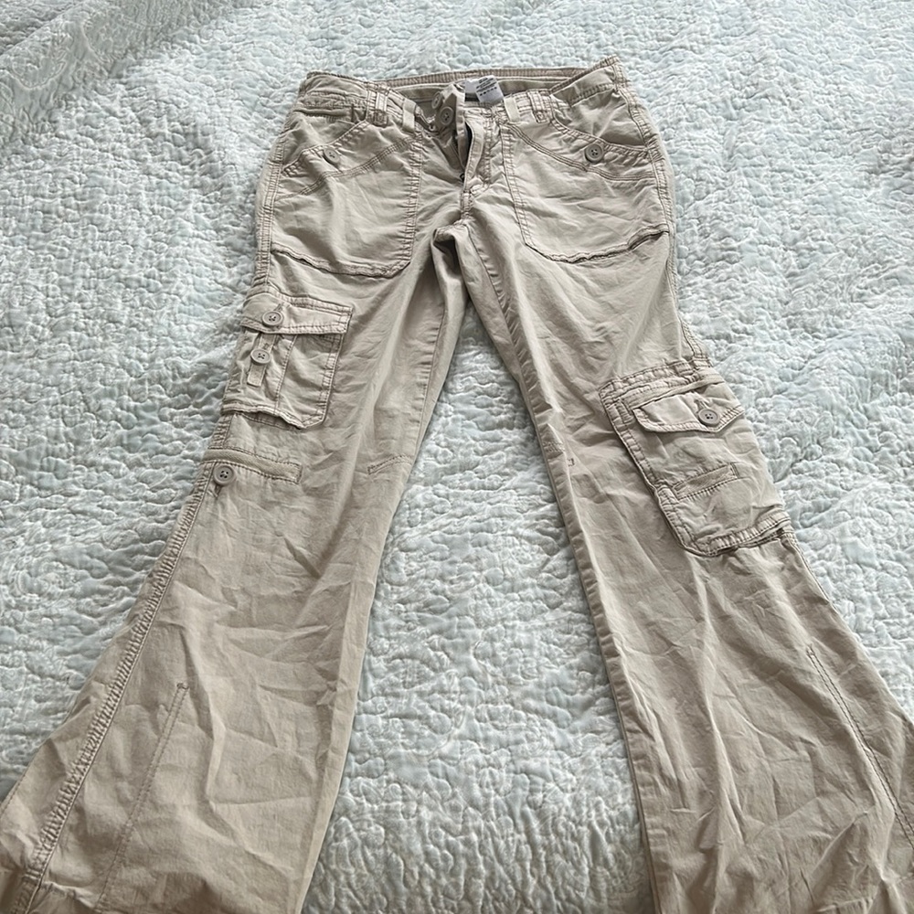 Garage tan low rise cargo flare pants